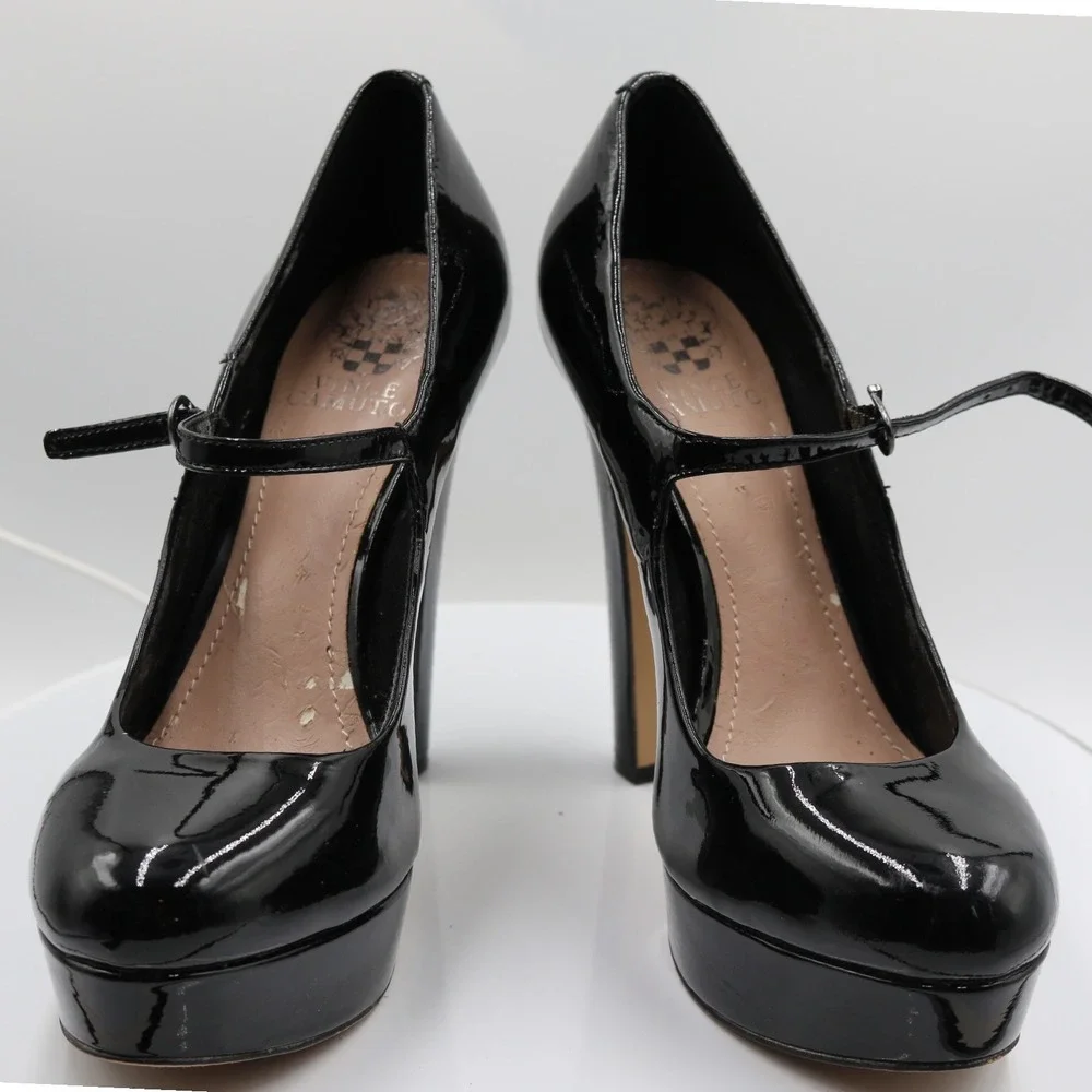 Vince Camuto Mary Jane Heels Womens Sz 8.5 Black Patent Leather Platform Block